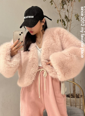 PS甜美仿兔毛毛外套女气质时尚小个子短款仿皮草百搭加厚保暖上衣