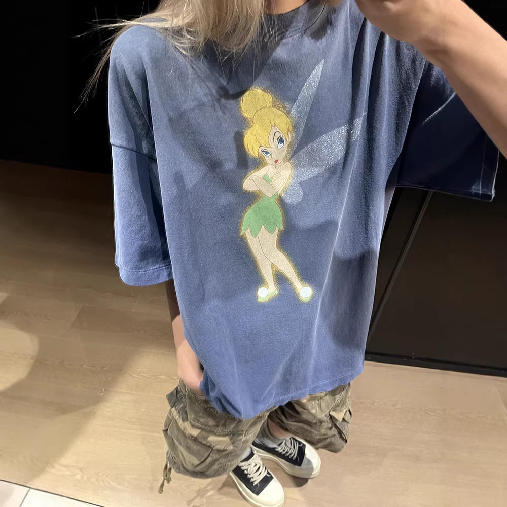 现货jennie同款小精灵闪粉印花T恤夏季女美式复古做旧宽松短袖衫图片