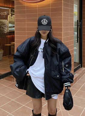 PS美式复古棒球棉服ins韩国飞行员羽绒服BF街头黑色机车夹克棉衣