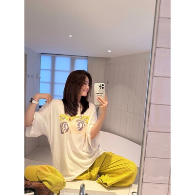 PEACHZHOU 新疆棉美少女卡通印花圆领短袖oversize轻薄T恤女#5310