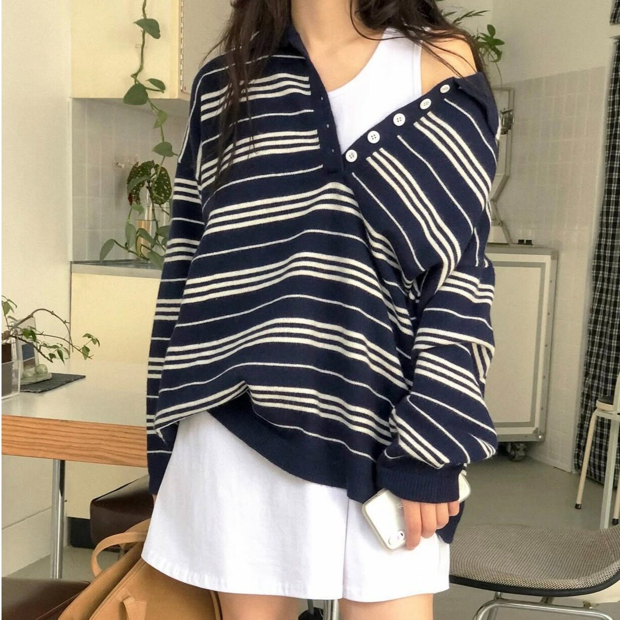 PA 韩国2026早春新款韩国松弛感polo领条纹毛衣慵懒宽松针织衫女