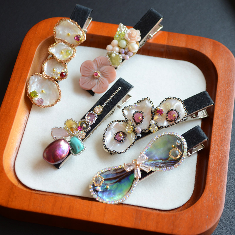 汉服发饰手工原石水晶花朵鲍鱼贝壳珍珠发夹边夹刘海夹鸭嘴夹顶夹