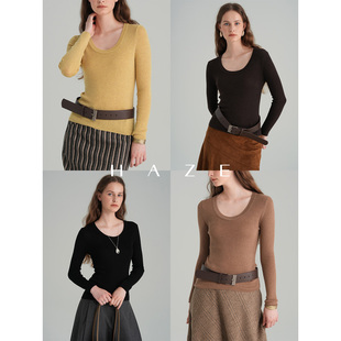 Haze禾枝 多色基础款羊毛U领修身显瘦长袖针织打底衫上衣秋冬女