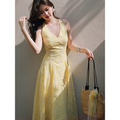 Haze禾枝 绑带收腰a字连衣裙夏日绝美小裙子 港风刺绣V领挂脖无袖