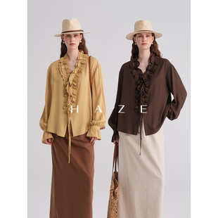 Haze禾枝《棕榈调》荷叶边法式喇叭袖宽松慵懒氛围v领系带衬衫