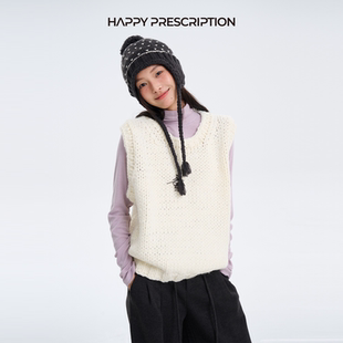 韩系手工编织圆领含羊毛背心马甲 奶奶牌 Happy Prescription