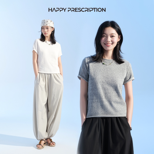 【新品】Happy Prescription 卷边领口短袖T坑条百搭打底衫修身