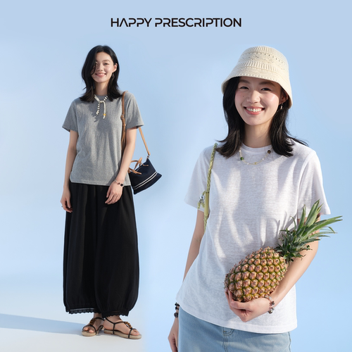 【新品】Happy Prescription 小红象刺绣短袖T夏季微合身打底上衣