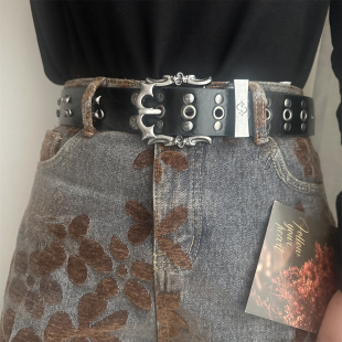 朋克风双排扣铆钉黑色皮带男女宽腰带金属装 腰带潮流暗黑 饰牛仔裤