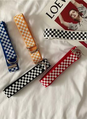 黑白格子帆布皮带男女通用裤腰带韩国原宿风简约百搭学生休闲裤带