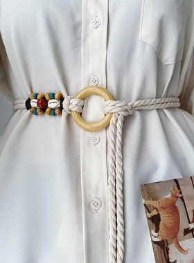 波西米亚ins潮米白色编织麻绳腰带女夏季百搭个性装饰腰链女士细