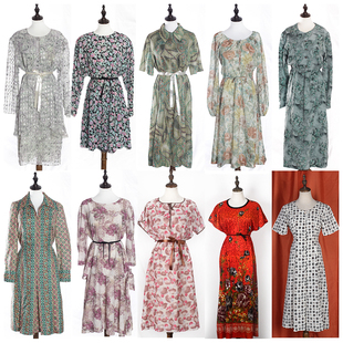 古着复古连衣裙vintage碎花绿色纯色赫本风港风气质中长款裙