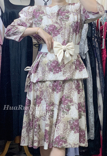 古着复古连衣裙vintage碎花绿色纯色赫本风港风气质中长款裙