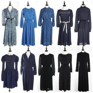 春秋复古古着vintage蓝色藏青赫本港风百褶气质百搭长袖 连衣裙