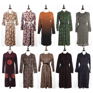 秋冬装古着复古连衣裙vintage港风绿色纯色碎花修身气质中长款