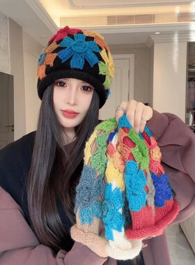 日系甜美手钩彩色立体花朵包头帽女秋冬保暖堆堆帽时尚针织毛线帽
