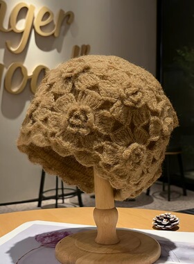 帽子女冬季2026新款包头毛线帽手工钩花朵保暖针织镂空女士遮白发