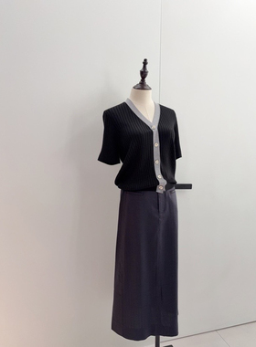 南油高定 pe夏款小雏菊缺瓣标志 V领坑条纹短袖粉色黑色针织开衫