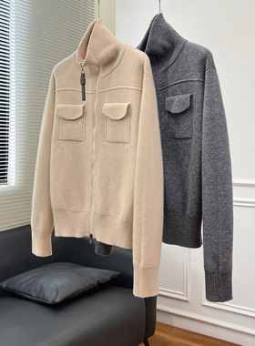 秋冬新款B工装风双拉链高领针织C开衫女士针织衫口袋毛衣外套