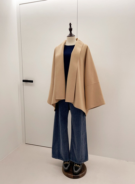 Tr秋冬翻领披肩宽松双面手工羊绒大衣简约羊毛宽松廓形斗篷呢大衣