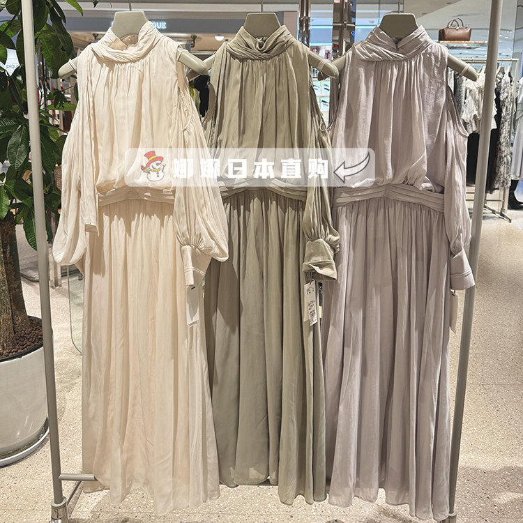 日本代购SNIDEL春夏新品甜美泡泡袖露肩收腰雪纺连衣裙SWFO251074