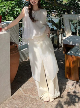 le rougZ美美 会呼吸的all white空气感羊毛网纱背心裙裤套装