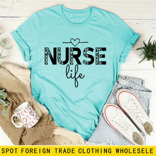 亚马逊独立站nurse life字母新款圆领宽松短袖ebay休闲t恤女