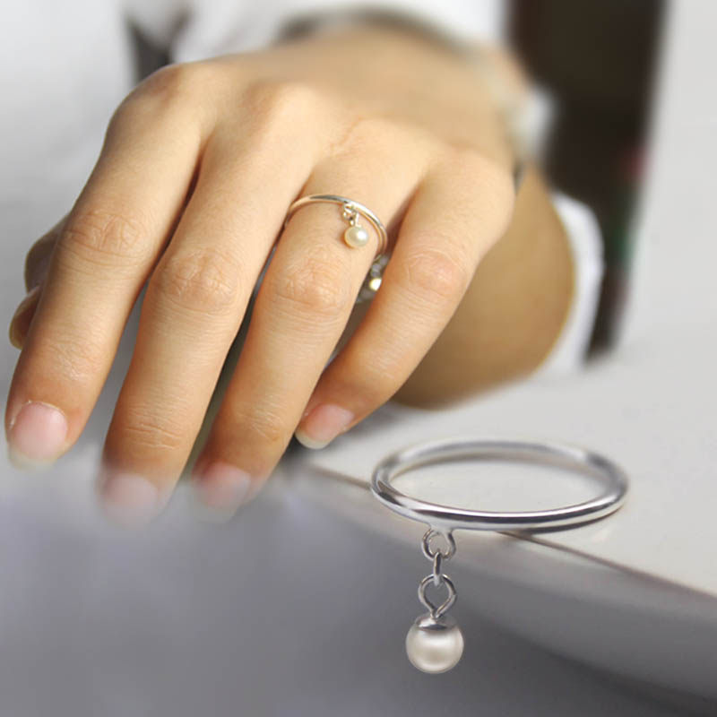 韩版999纯银天然淡水珍珠戒指 简约百搭正圆无暇强光珍珠戒指女