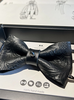 纯手工哥特式黑色浮雕真皮铆钉进口设计款领结礼品晚会结婚伴郎