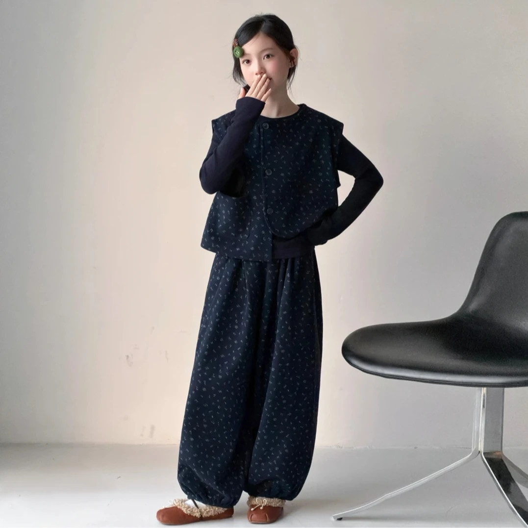 26秋季女童新款马甲三件套碎花百搭时尚韩版女孩马甲套装亲子款