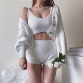 甜美马海毛毛衣水钻开衫 外套 V领毛茸茸吊带短裤 欧美复古 套装 女