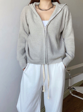 欧美街头慵懒风连帽拉链灰色毛衣女宽松显瘦高腰百搭运动针织外套