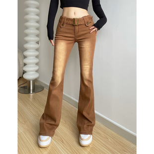 欧美复古辣妹高腰包臀紧身弹力微喇牛仔裤 女设计感宽腰带拖地长裤
