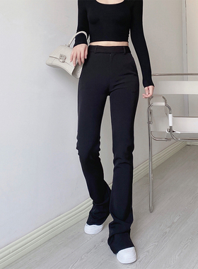 欧美风气质高腰修身显瘦黑色垂感西装裤显腿长微喇马蹄裤拖地裤女