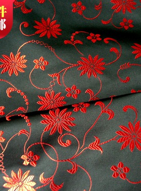 织锦缎、古装汉服礼服娃衣和服COS高级服装面料/黑底红莲子花