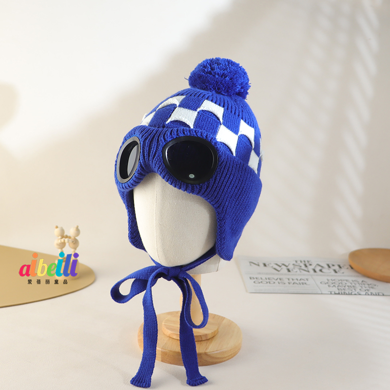 男童韩版格子护耳毛线帽冬季防寒保暖加绒帽儿童女冬天加厚护目镜