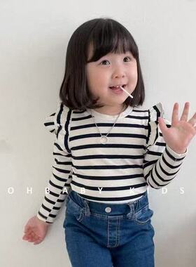 6折清仓~S码90韩国进口童装babychou女童菲边条纹长袖T恤