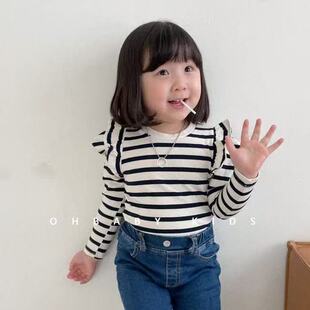 6折清仓~S码90韩国进口童装babychou女童菲边条纹长袖T恤
