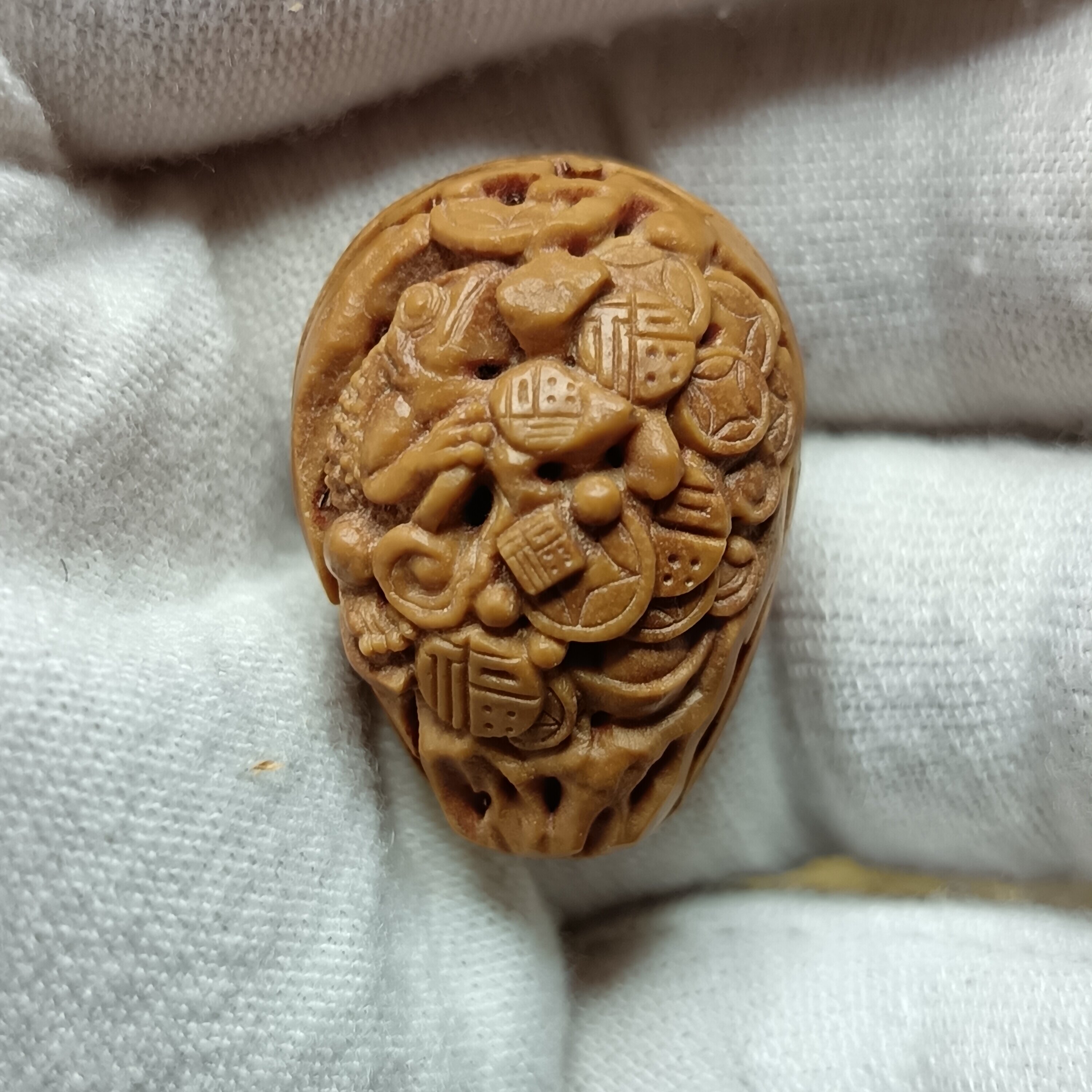 呱呱来财五福临门手串三通纯手工真桃枭雕刻金蟾精品桃核文玩配饰