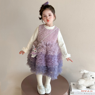 女童加绒连衣裙2025秋冬款渐变裙子儿童公主裙宝宝生日礼服裙套装