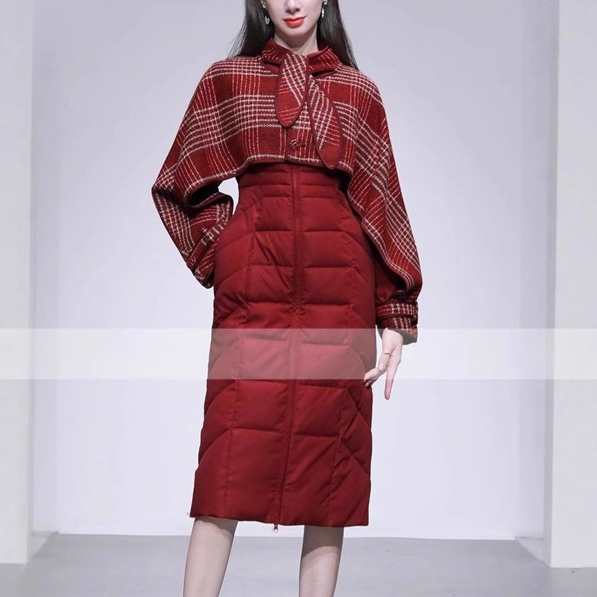 冬季新款轻奢系带设计粗花呢拼接披风式收腰直筒羽绒服外套,女装/女士精品,羽绒服,淘宝优惠券,粉丝福利购,淘宝优惠卷