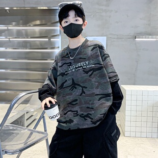 男童春装痞帅假两件长袖迷彩T恤2026新款儿童春秋打底衫男孩上衣T