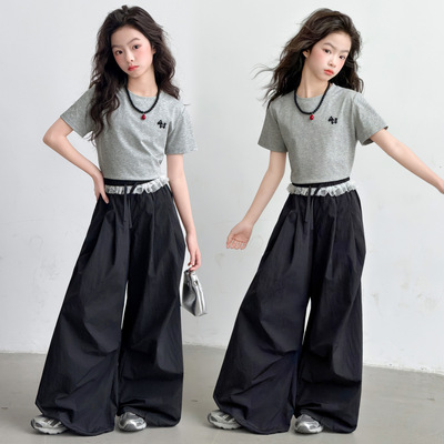 女童裤子套装儿童阔腿裤夏装2026新款短袖T恤拼接蕾丝长裤两件套.