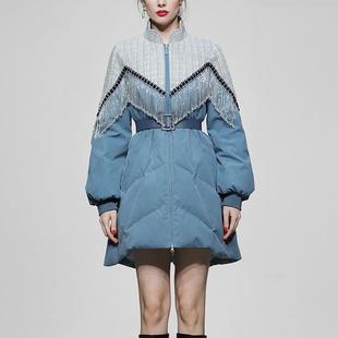 冬季女装新款撞色收腰中长款白鸭绒羽绒服蓝色加厚面包服外套
