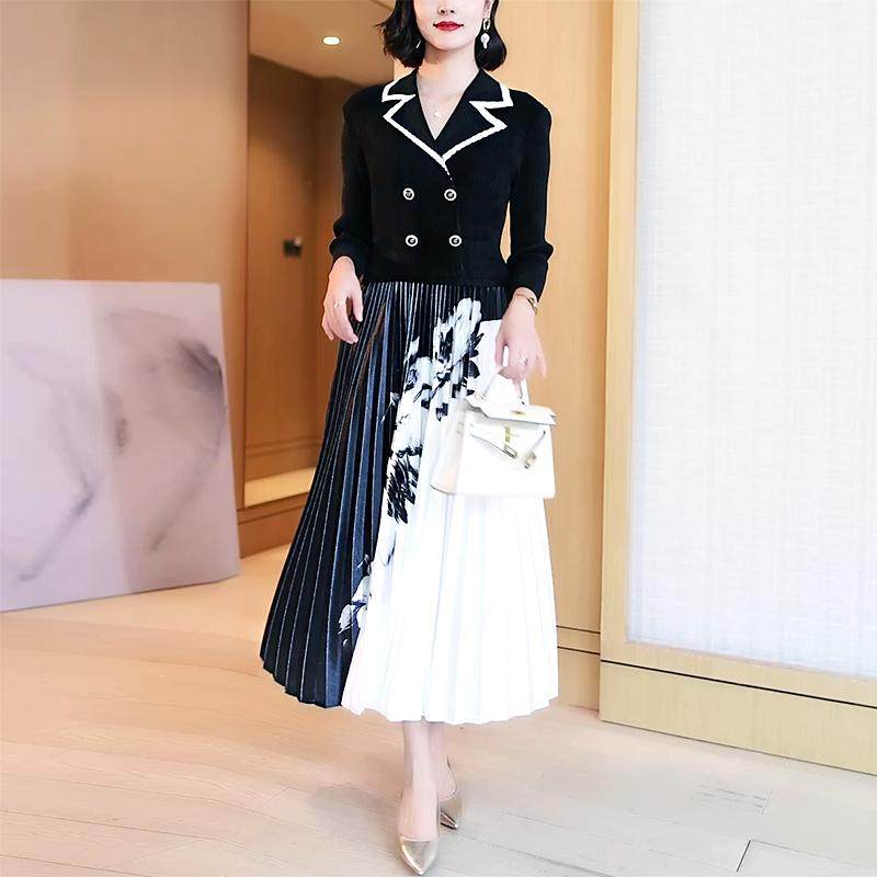 金丝绒撞色印花2025年春装新款宽松大码减龄褶皱连衣裙DCA1371