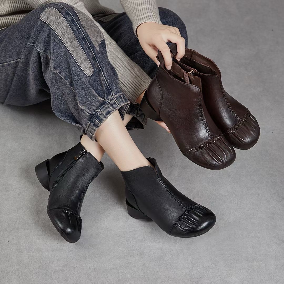 原秋冬新款民族风复古真皮粗跟靴骑士靴手工皱中缝V口粗跟短