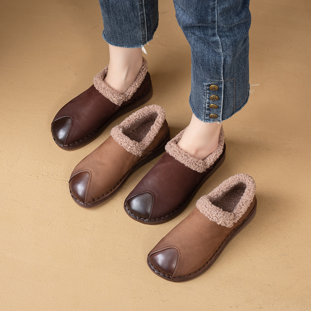 2025秋冬季新款民族风复古牛皮羊毛软底手工拼接磨砂皮棉靴女