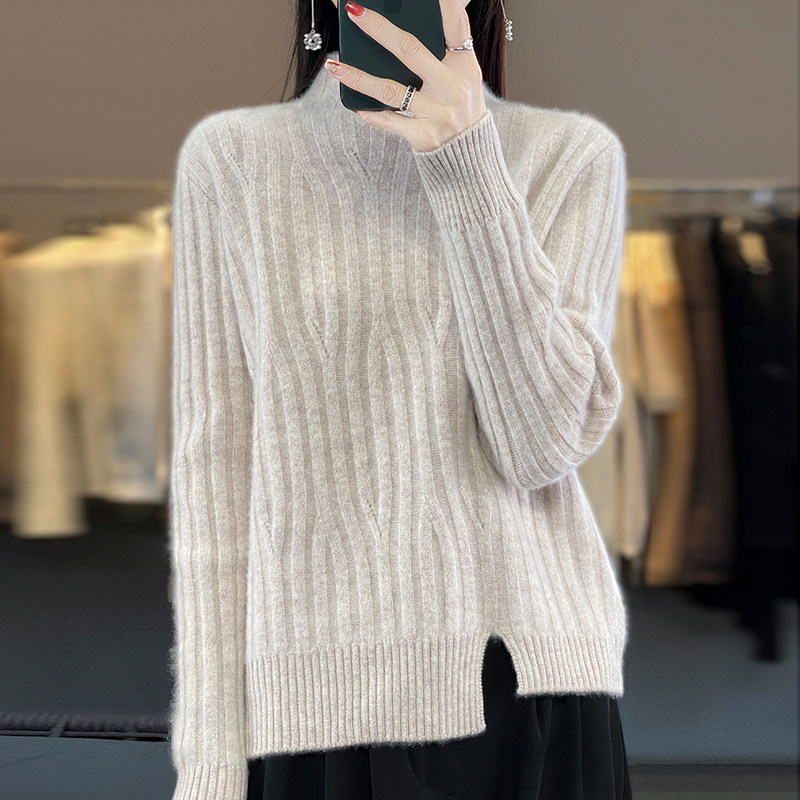 欧货新半高领加厚女纯羊毛衫内搭纯色上衣羊绒打底衫宽松羊绒毛衣