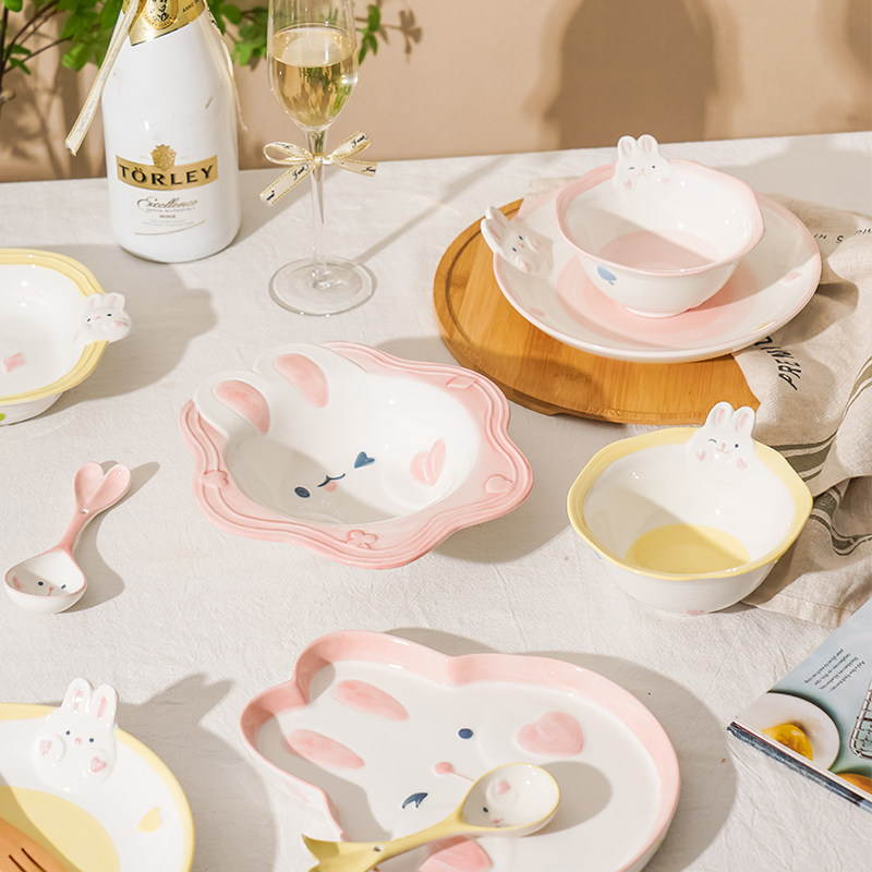 陶瓷餐具盘子分格盘动物儿童早餐卡通 可爱的兔子图案手绘釉下彩,餐饮具,盘,淘宝优惠券,粉丝福利购,淘宝优惠卷