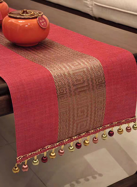 红色桌旗新中式节日喜庆茶几桌布结婚茶席过年防水茶垫桌吊坠布垫